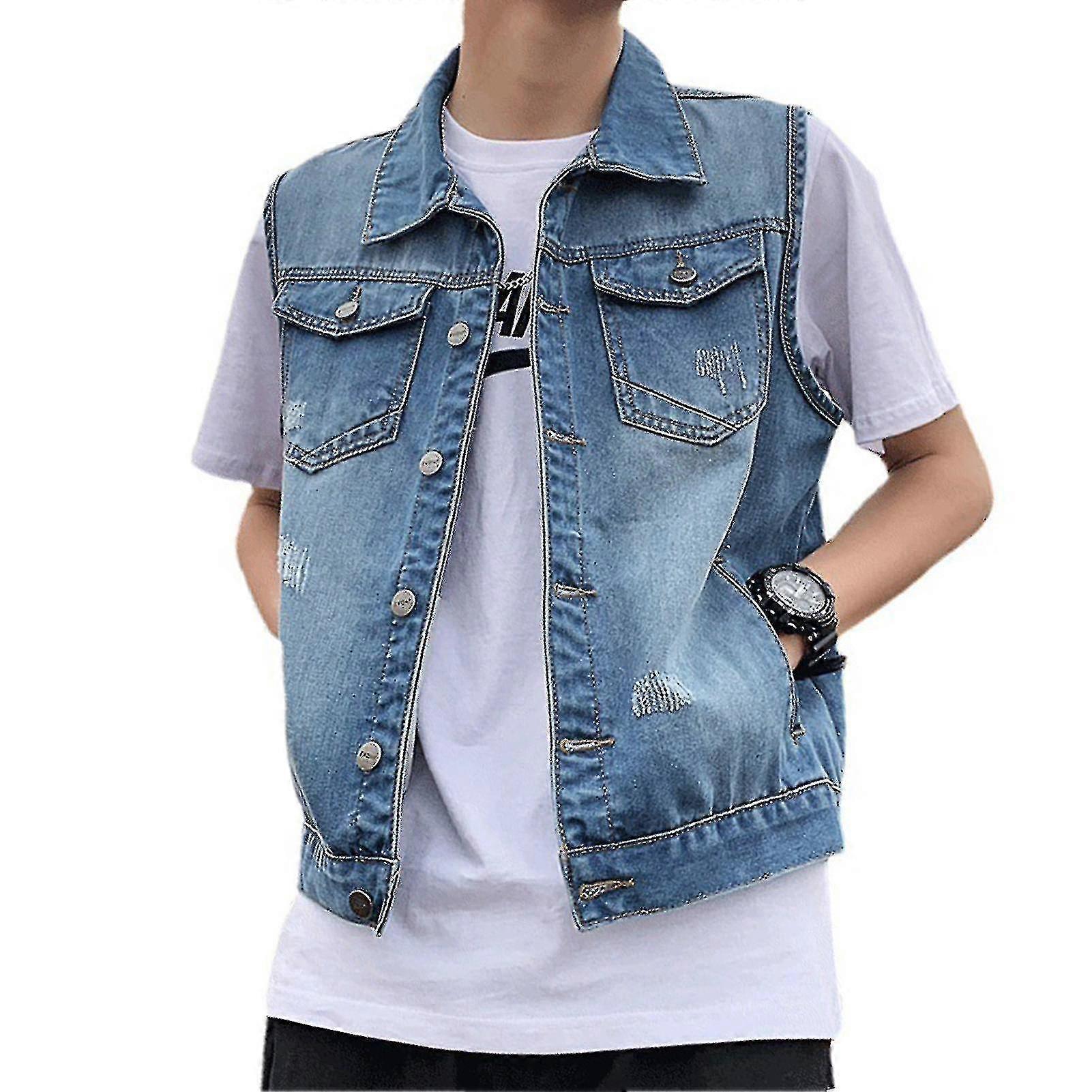 Men Lapel Sleeveless Denim Jacket Washed Loose Fit Casual Waistcoat