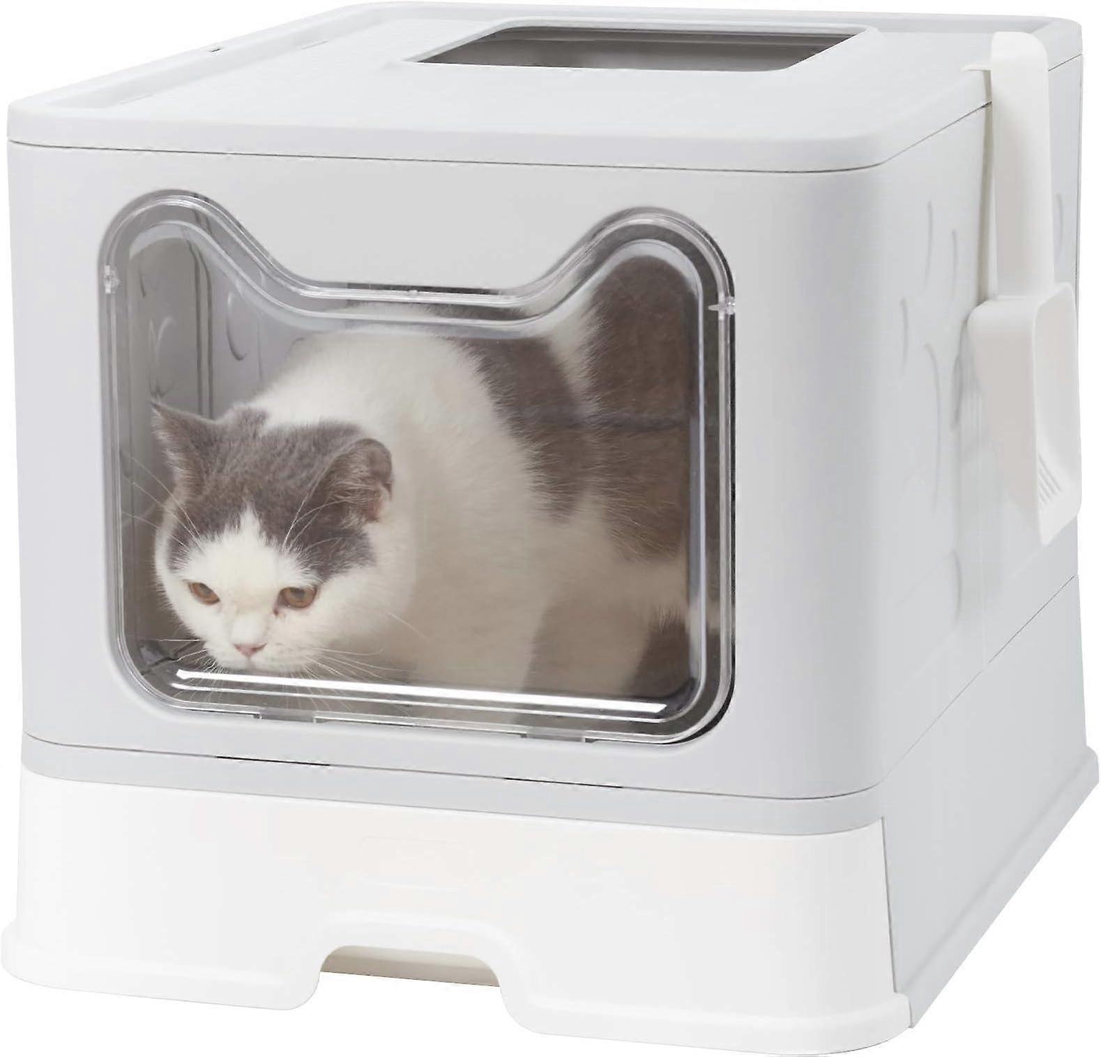 LINJOU Cat Litter Tray Box: Foldable Top Entry Extra Large Cats Toilet with Lid -grey