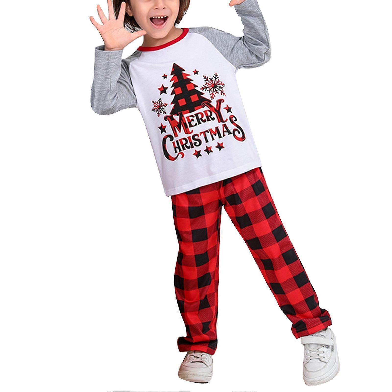 Vánoční pyžama Set Kulatý výstřih Dlouhé rukávy Color Block Grid Tree Pattern Rodinné pyžamo Set červené KIDS 6-7Y YEMAA