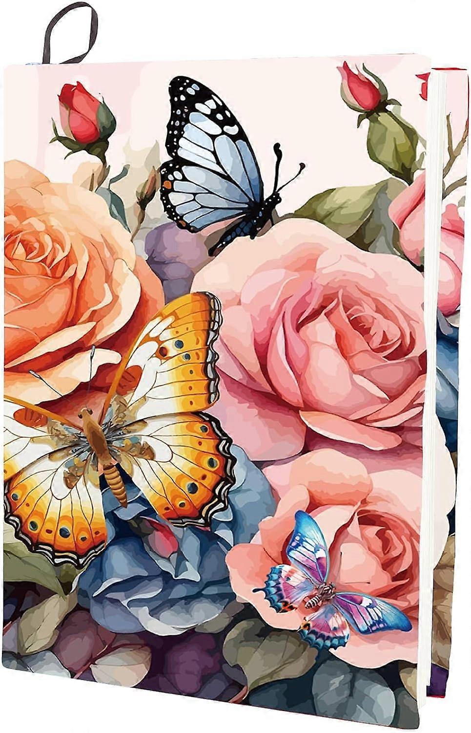 Rose Stretchable Book Cover Flower Butterfly Washable Reusable Large Nylon Book Protector 9.4x15.7 Inch Elastic Notebook Wraps Suitable for Most Hardc