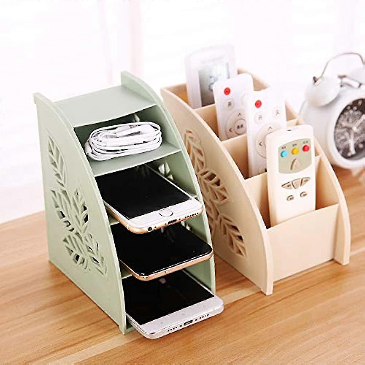 Lelestar Remote Control Holder With 4 Compartments Air Conditioner Organizer Tray For Makeup Brush Pen Stationary Table Controller (Beige)