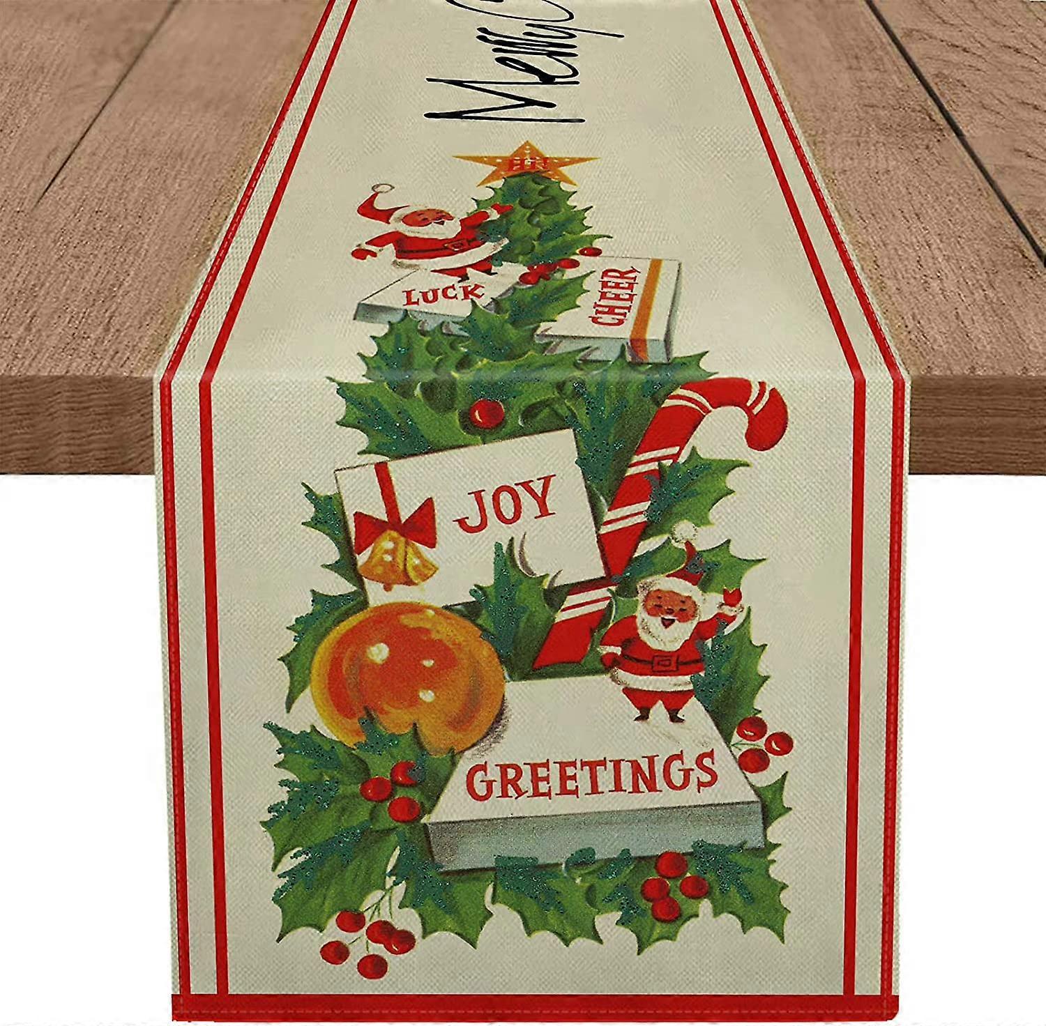 Christmas Table Runner Santa Holly Leaf