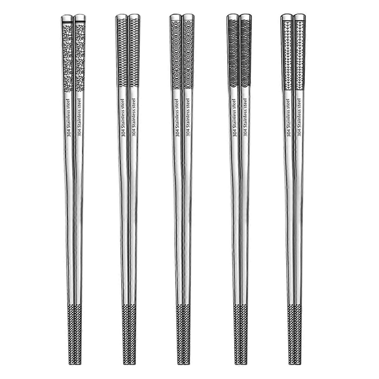 5 Pairs Stainless Steel Chopsticks Set Non-slip Reusable Engraved Patterns Metal Chopsticks for Cooking Eating Outdoor