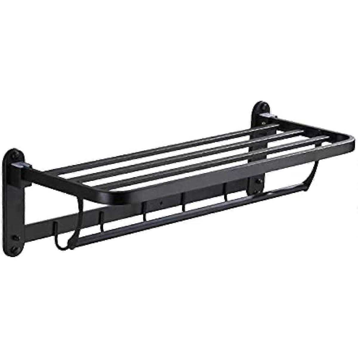 Foldable Bath Towel Rack with 5 Hooks Wall Mounted Drilling Bathroom Shelves Towel Holder with Towel Bar Rustproof Stainless Steel Towel Shelf