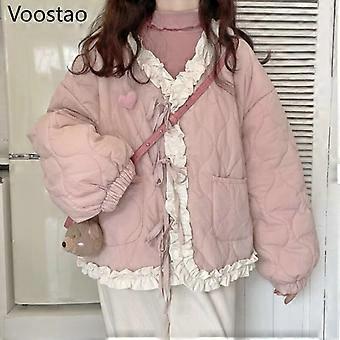 Japonês Inverno Mulheres Kawaii Solto Jaqueta Quente Coreano Moda Arco Bandagem Engrossar Casacos Acolchoados de Algodão Feminino Doce Parkas Outwear geschenke fur frauen
