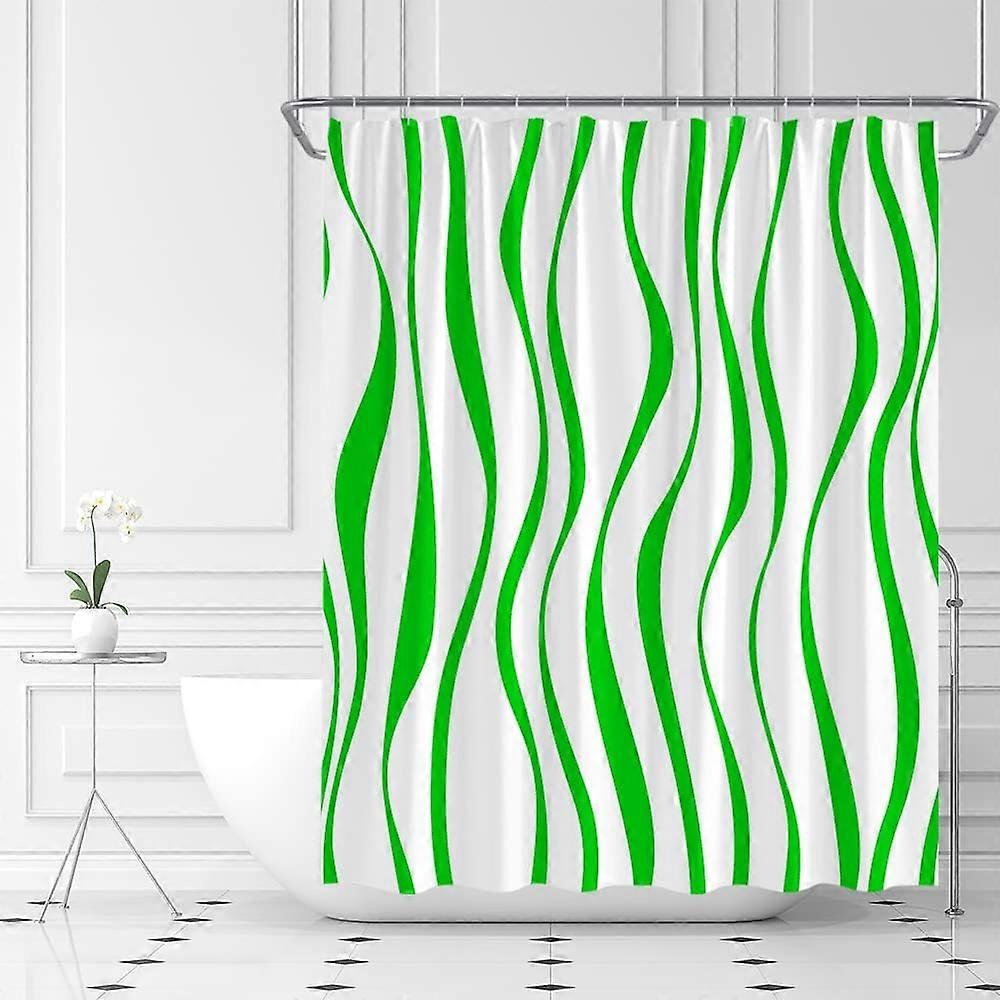 Green Shower Curtain Modern Stripe Simple Fashion Line Waves Curve Aesthetic Minimalist Fabric Bathroom Decor Set with Hooks(72" Wx84 H)