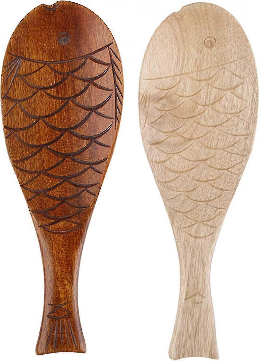 Retro Fish Pattern Wooden Rice Spoon Kitchen Utensils 2 Pieces