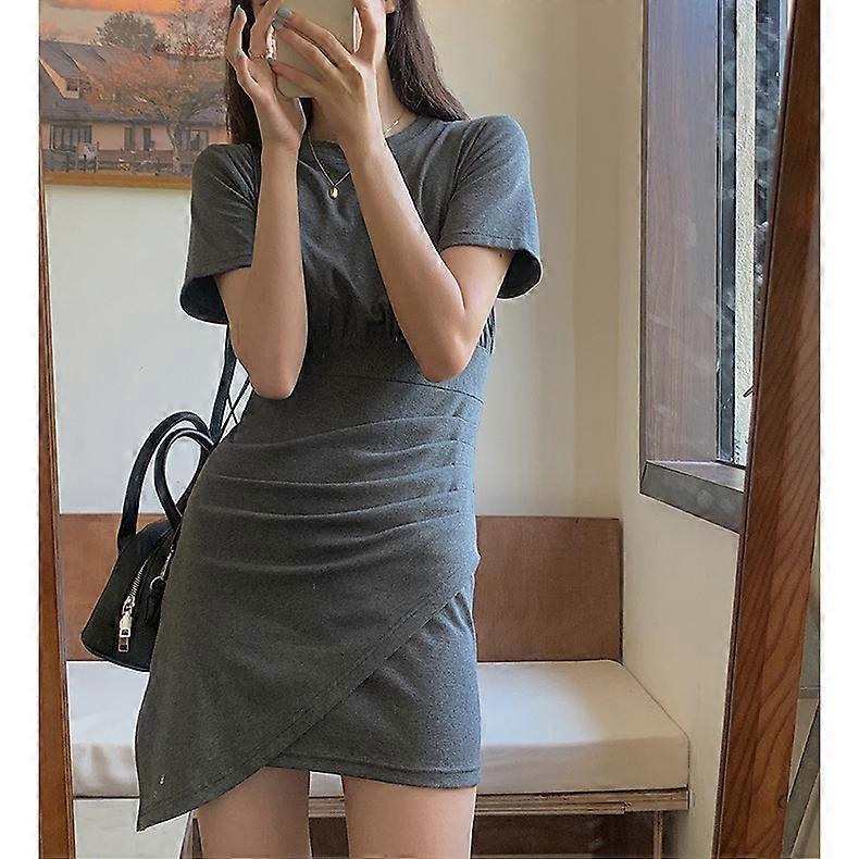 irregular dress women's short sleeve 2022 summer new style waist closing slim temperament medium length skirt dn199
