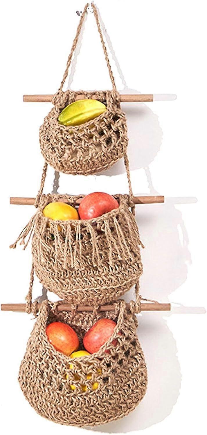 Hanging Storage Baskets with 3 Pockets, Hanging Fruit Basket