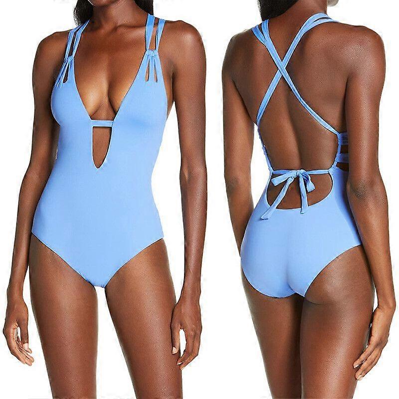 Maillot de bain une pièce à col en V pour femmes Lace Up Monokini maillot de bain une pièce dos ouvert de couleur unie - Bleu