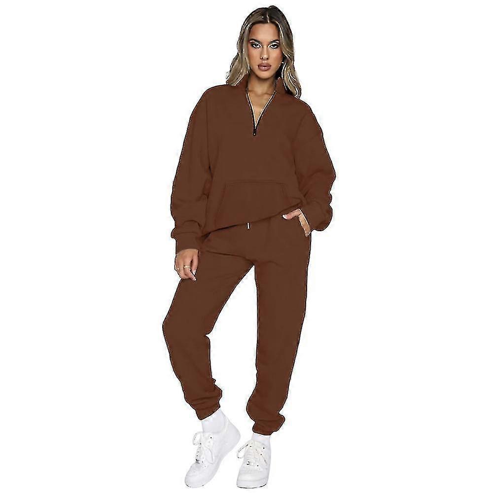Women Casual Solid Color Pants Long Sleeve Zip Pullover Sweatshirts Sets