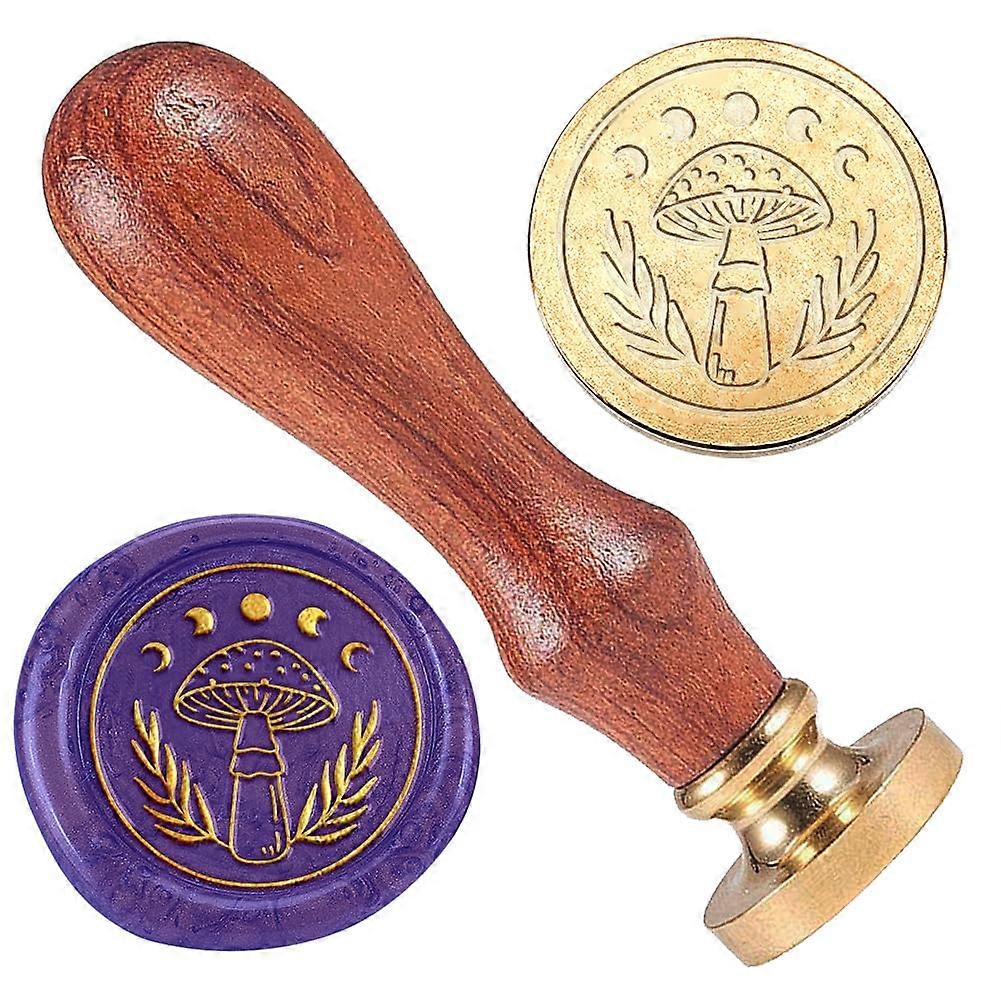 Wax Seal Stamp Set Golden Plated Sealing Wax Stamp Solid Brass Head with Retro Wood Handle for Envelopes Invitations Gift Card Mushroom 83x22mm Head: