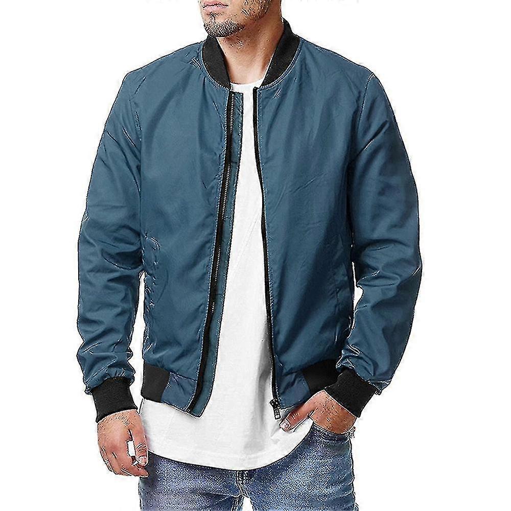 Männer Klassische Bomberjacke Langarm Casual Zip Up Mantel Oberteile Tops-2XL-Pfau Blau