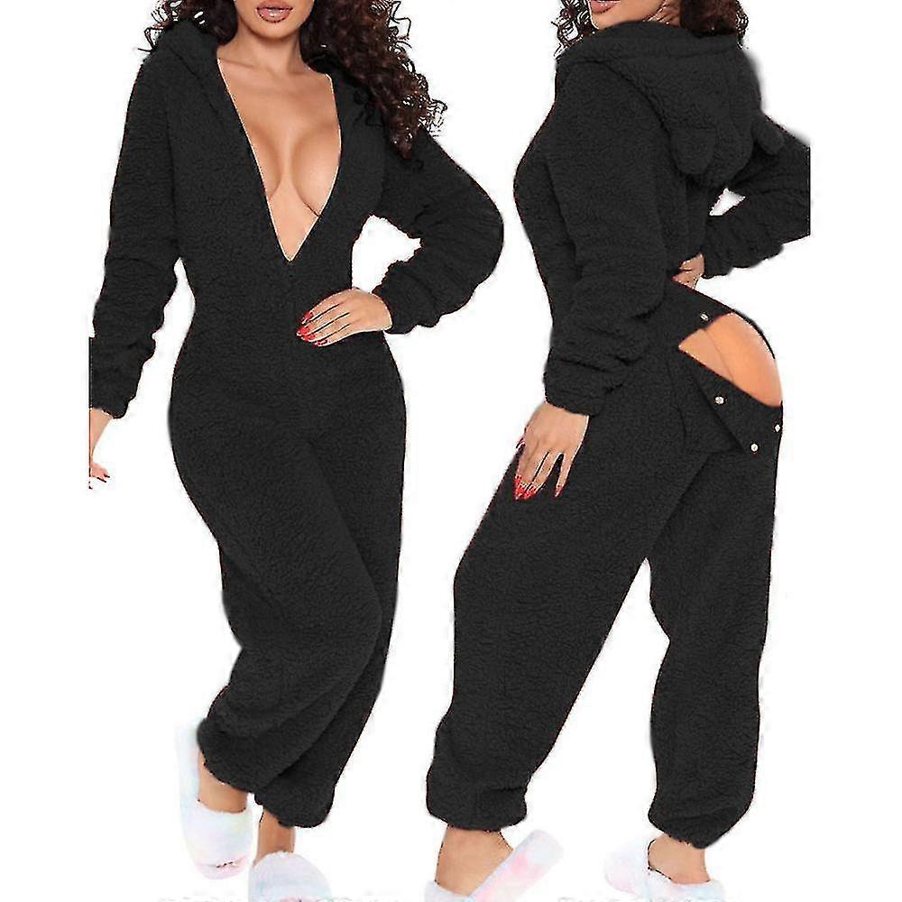 Onesie pyjamas lang varm børstet bodysuit-s-sort