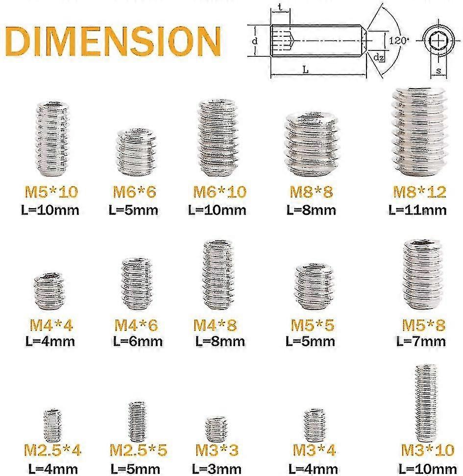 300pcs Kit M2.5 M3 M4 M5 M6 M8 Hexagonal Grub Vis, Set Assortment Kit Acier inoxydable Hex Socket Set Vis avec entraînement hexagonal interne