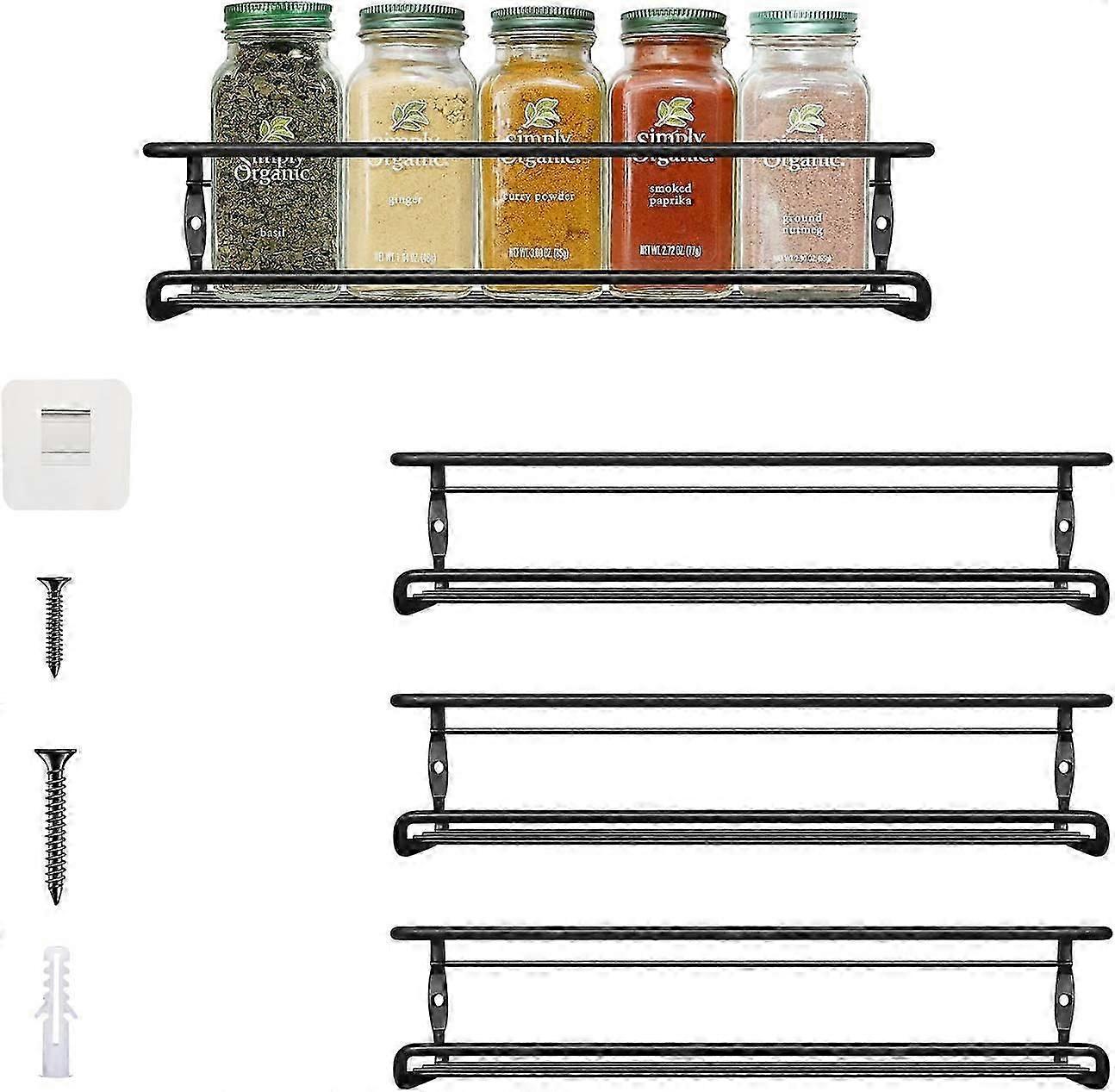 Black Wall Mounted Spice Rack Organizer with 4 Pieces