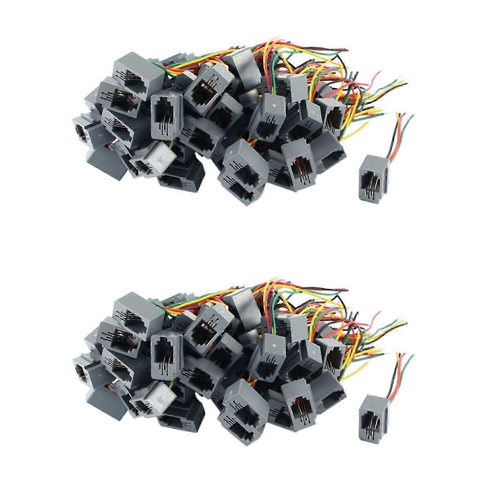 100 Pcs 616E 4P4C RJ9 Female Telephone Connector Adapter W 4 Wires 8cm