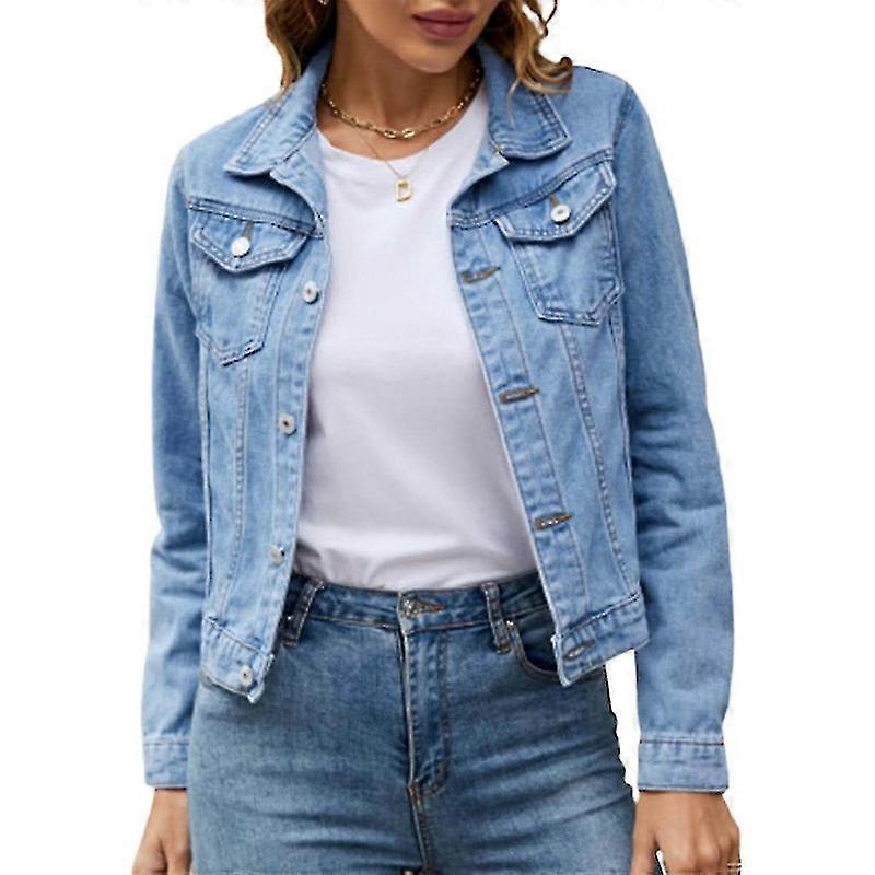 Women's Button Down Long Sleeve Cropped Denims Jean Jacket With Pockets