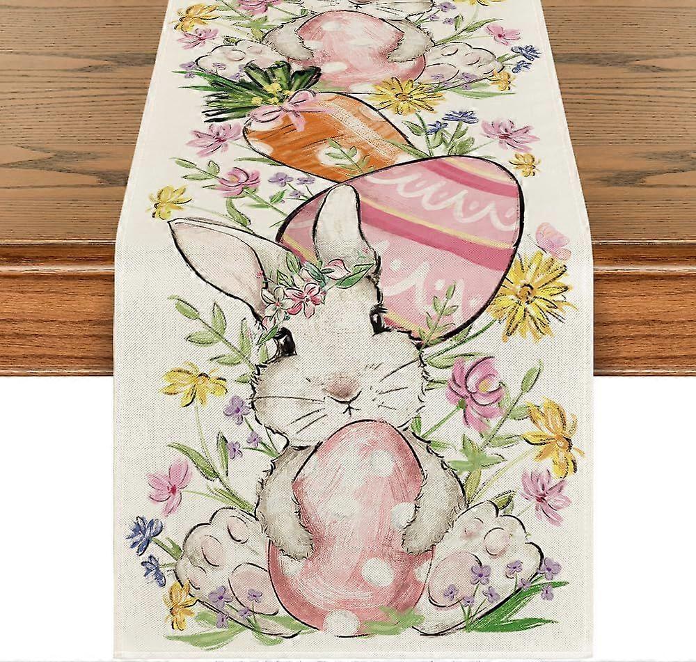 Bunny Rabbit Egg Flower Easter Table Runner, Seasonal Spring Kitchen Dining Table Decoration 13x72 Inch