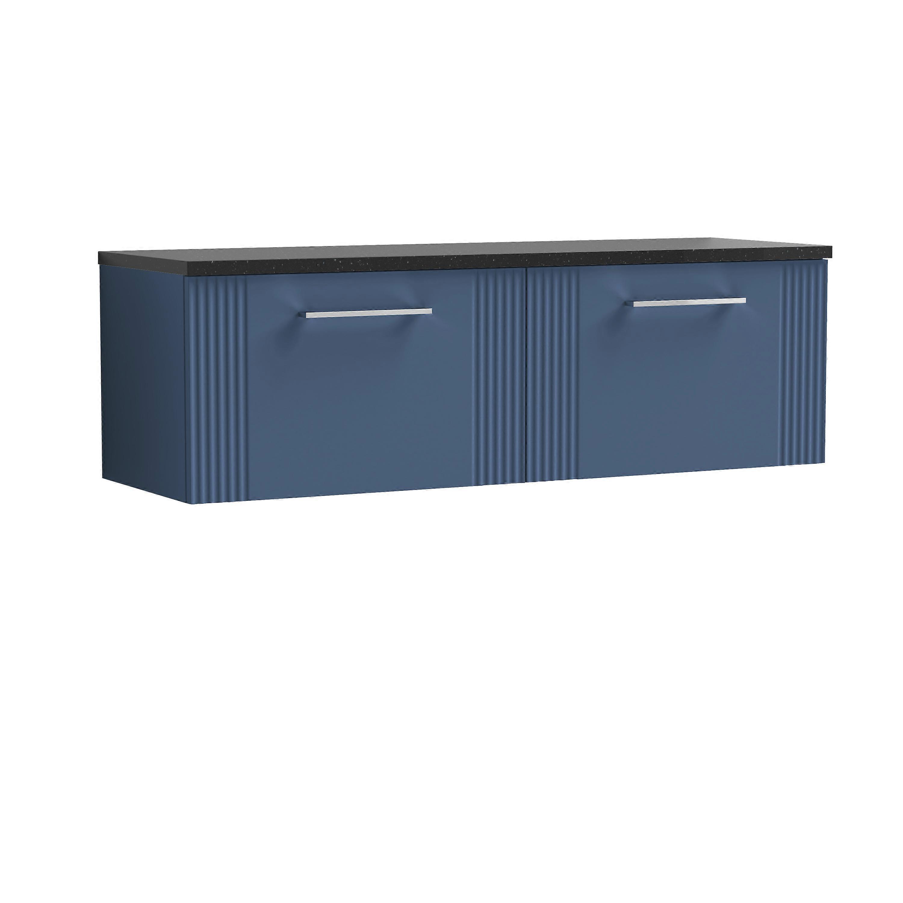 Partial Fluted 2 Drawer Wall Hung Vanity Unit with Sparkling Black Laminate Worktop - 1200mm - Satin Blue