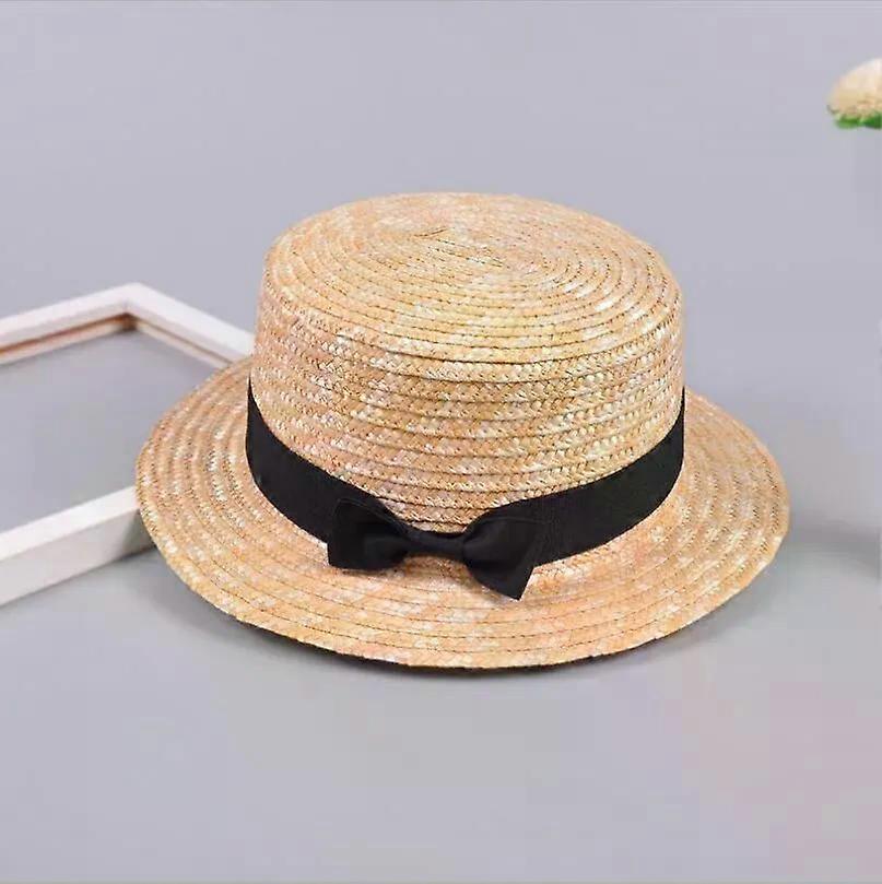 かわいい子供の女の子ストローマンハット蝶結びサンマンハットキッズラージブリムビーチサマーボータービーチリボンラウンドフラットトップマンハット54CM
