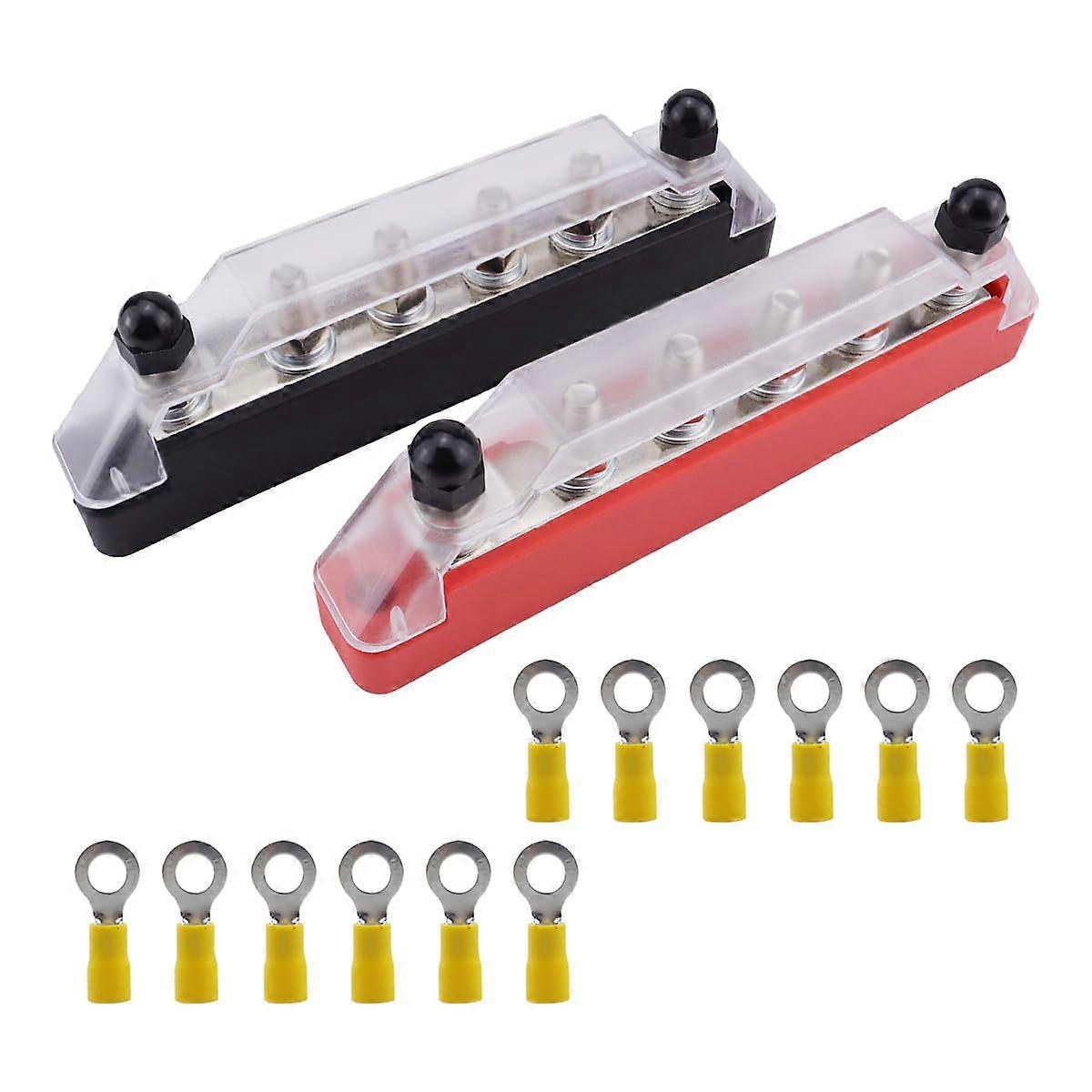Bus Bar Marine Power Distribution Terminal Block with Cover with 6 x 1/4'(M6) 150A Post, 48V,Battery Bus Bar (Pair, Red & Black) for Car Boat Marine