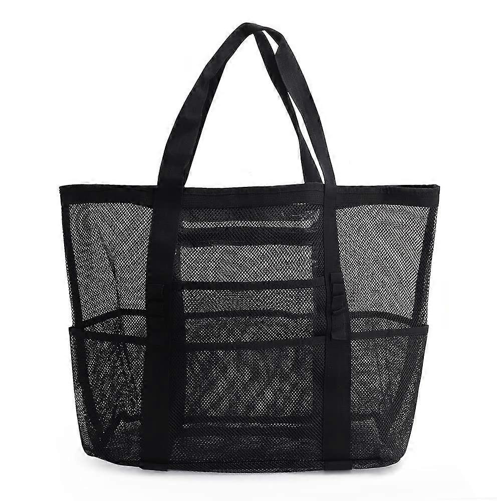 Large Mesh Beach Bag with 9 Deep Pockets, Sturdy Handles, Zipper Closure, Black Family Size Tote Bag