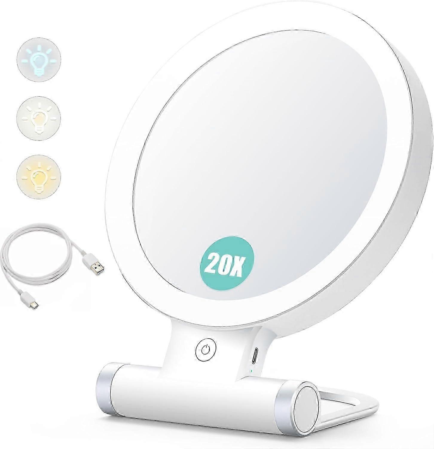 Magnifying Mirror with Light,20X Double Sided Tabletop Portable Lighted Makeup Beauty Mirror, 3 Color Lighting, Dimmable Touch