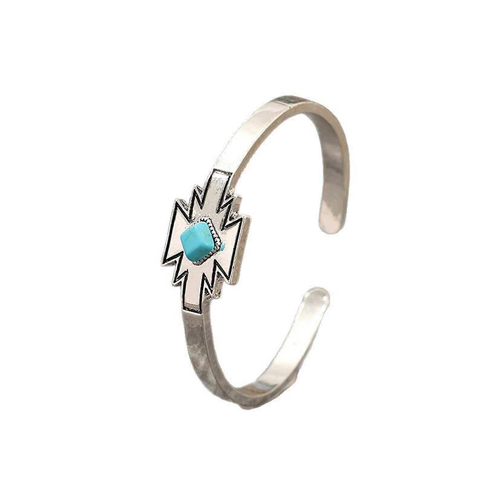 Bohemian Vintage Style Open Cuff Bangle Geometric Adjustable Bracelet with Synthetic Turquoise Inlay Jewelry for Women