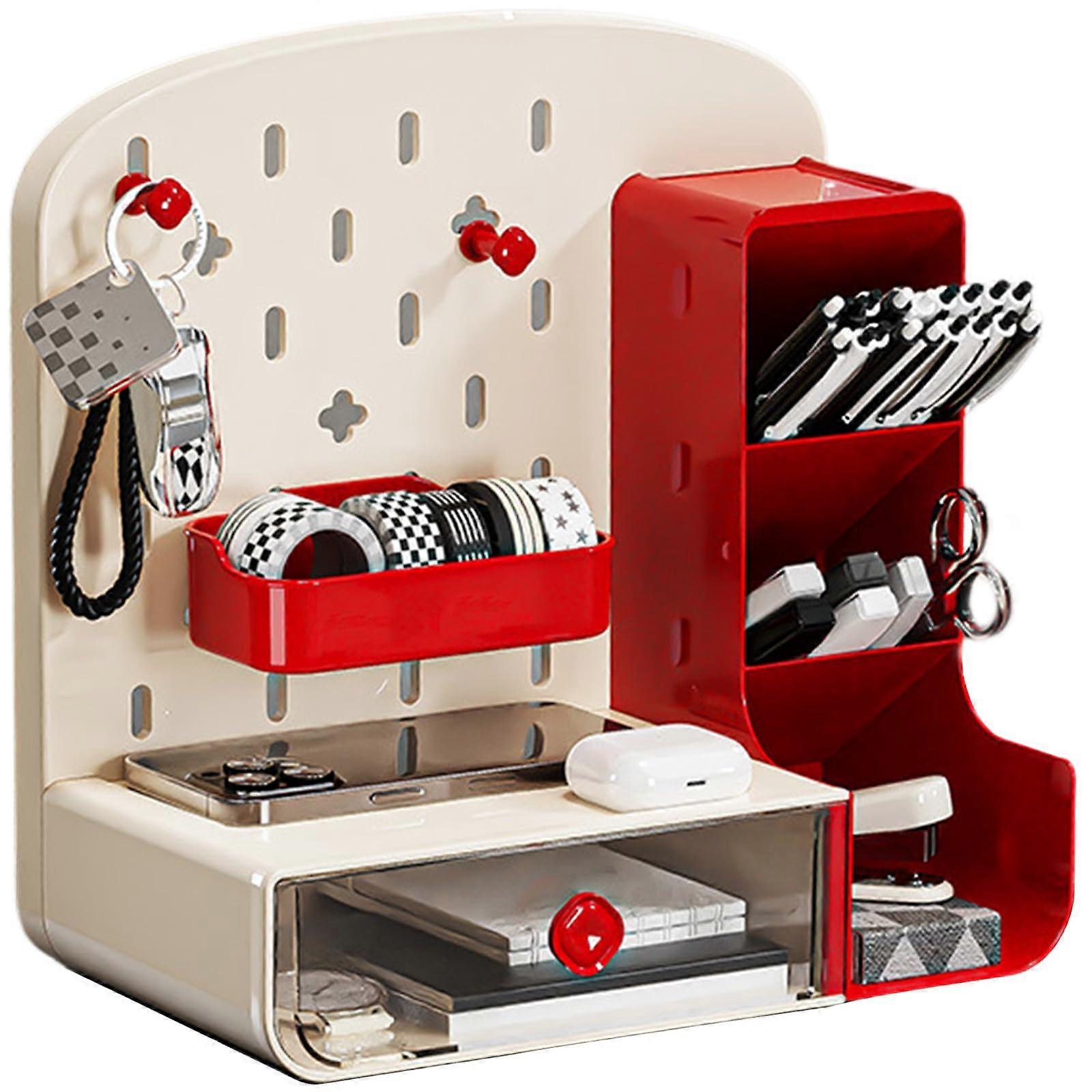 Cute Pen Organizer with Drawers and Pegboard, Red Multi-Functional Desktop Pencil Holder with 5 Compartments for School Office Home