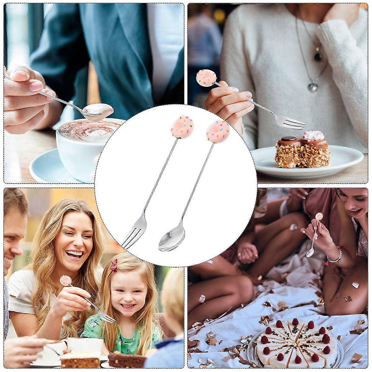 Cute Pink Stainless Steel Doughnut Spoon and Fork Set for Dessert, Coffee, and Fruit – Portable Tableware for Home, Office, and School Use