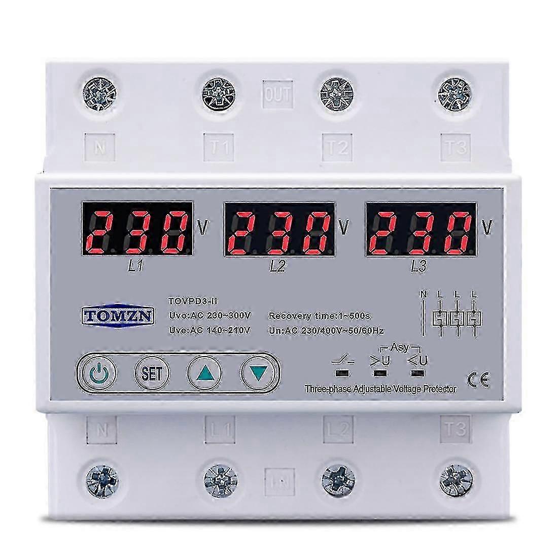 3-Phase Adjustable Over/Under Voltage Protector with Auto Reset, 63A 380V CE Certified