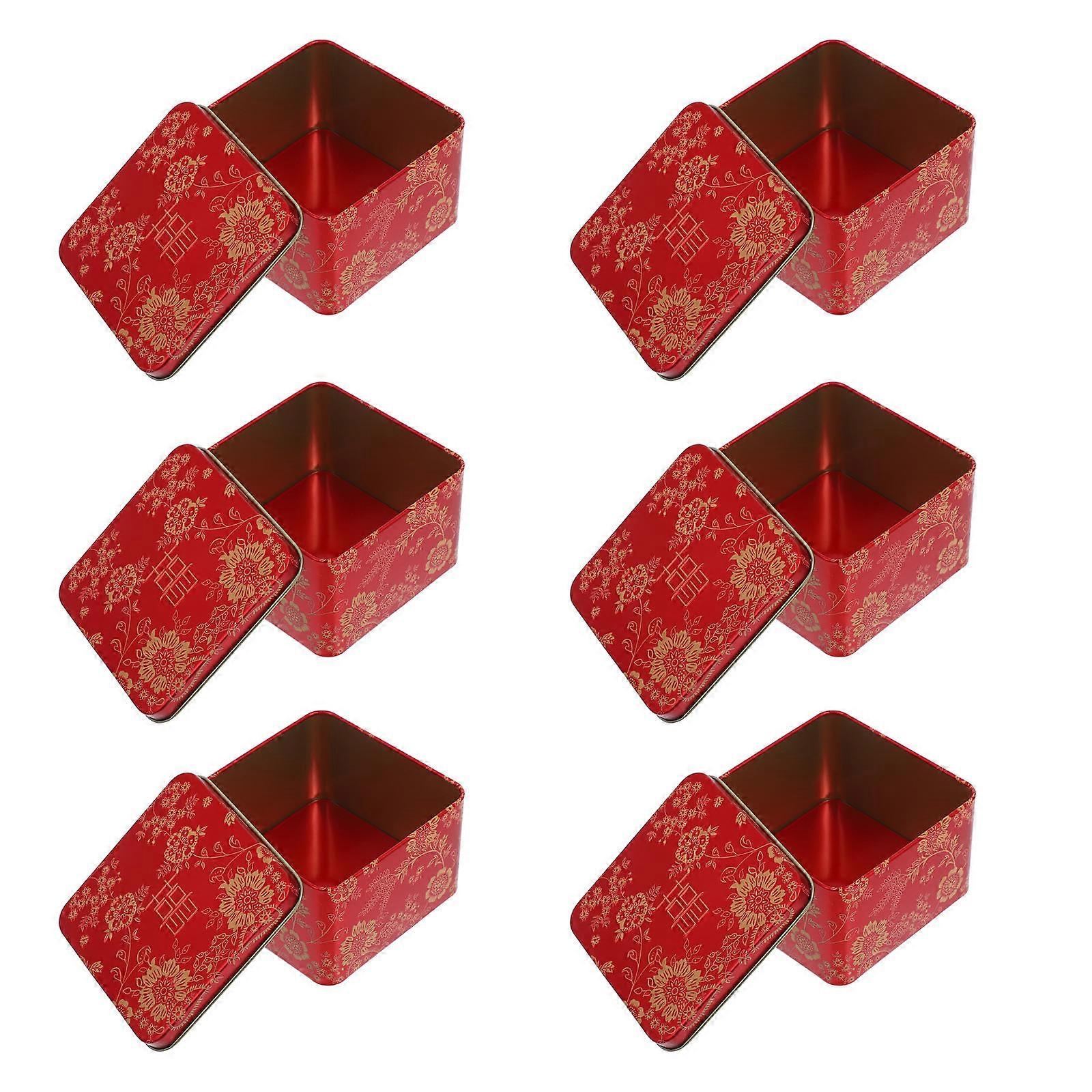 Small Metal Box Chinese Style Red Tinplate Square Storage for Wedding present Container 6Pcs