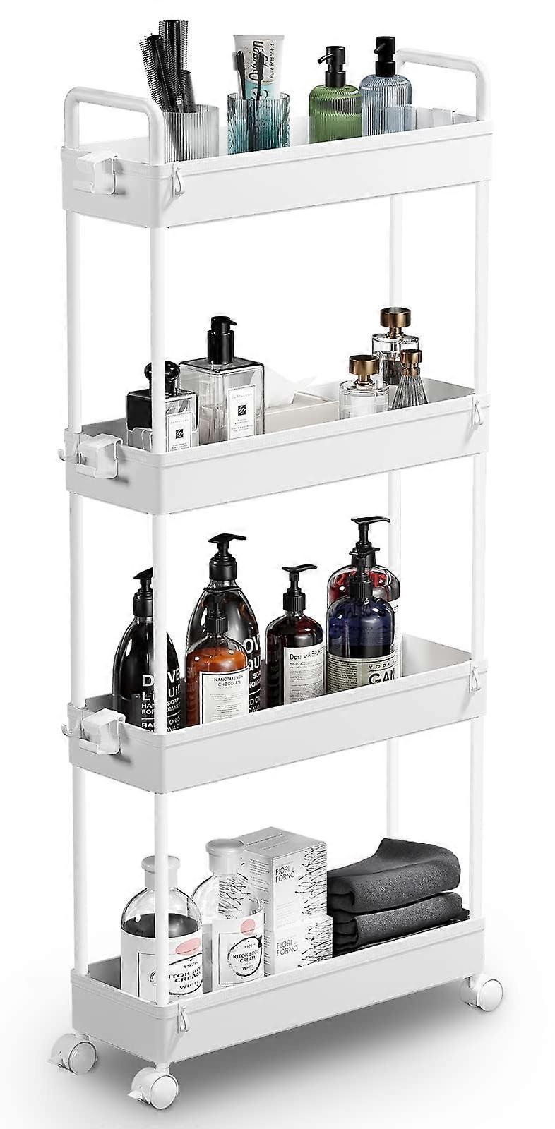 4Tier Rolling Cart Narrow with Handles, 13 x 40 x 86.3 cm, White