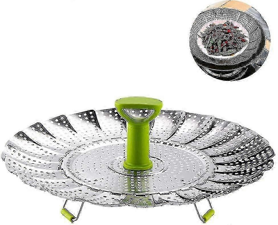 Gemüse-Dampfkorb, Edelstahl-Dampfgarer Faltender Dampfgarer Einsatz für Instant-Topf-Schnellkochtopf mit Anti-Verbrühung1pcsSilber + Grün