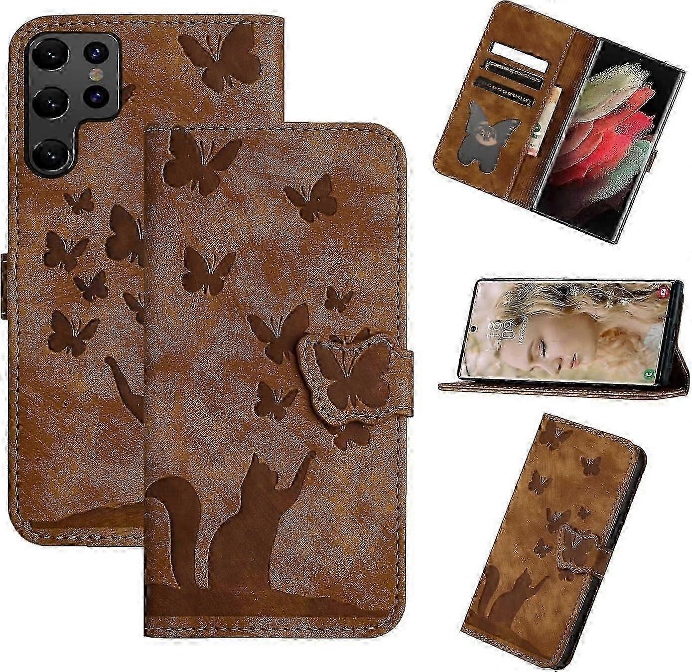 جراب محفظة لهاتف Samsung Galaxy S24 Ultra ، غطاء فليب جلدي منقوش بالفراشة من Cat مع فتحات للبطاقات وحامل مشبك مغناطيسي