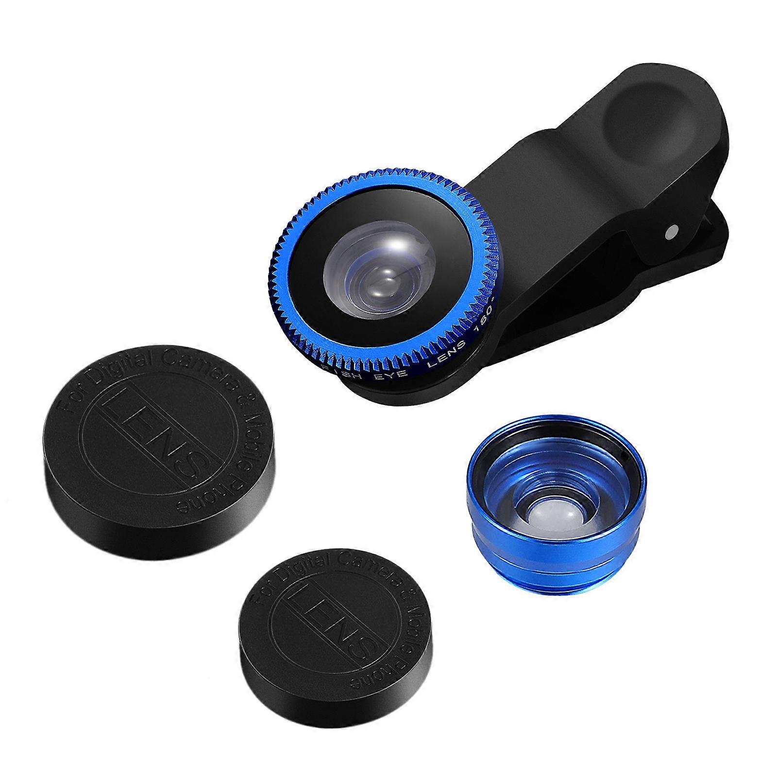 Clip On Phone Camera Lens 3-in-1 Design High Definition Reduces Distortion Blue Aluminum Alloy for Smartphone Users 1Set