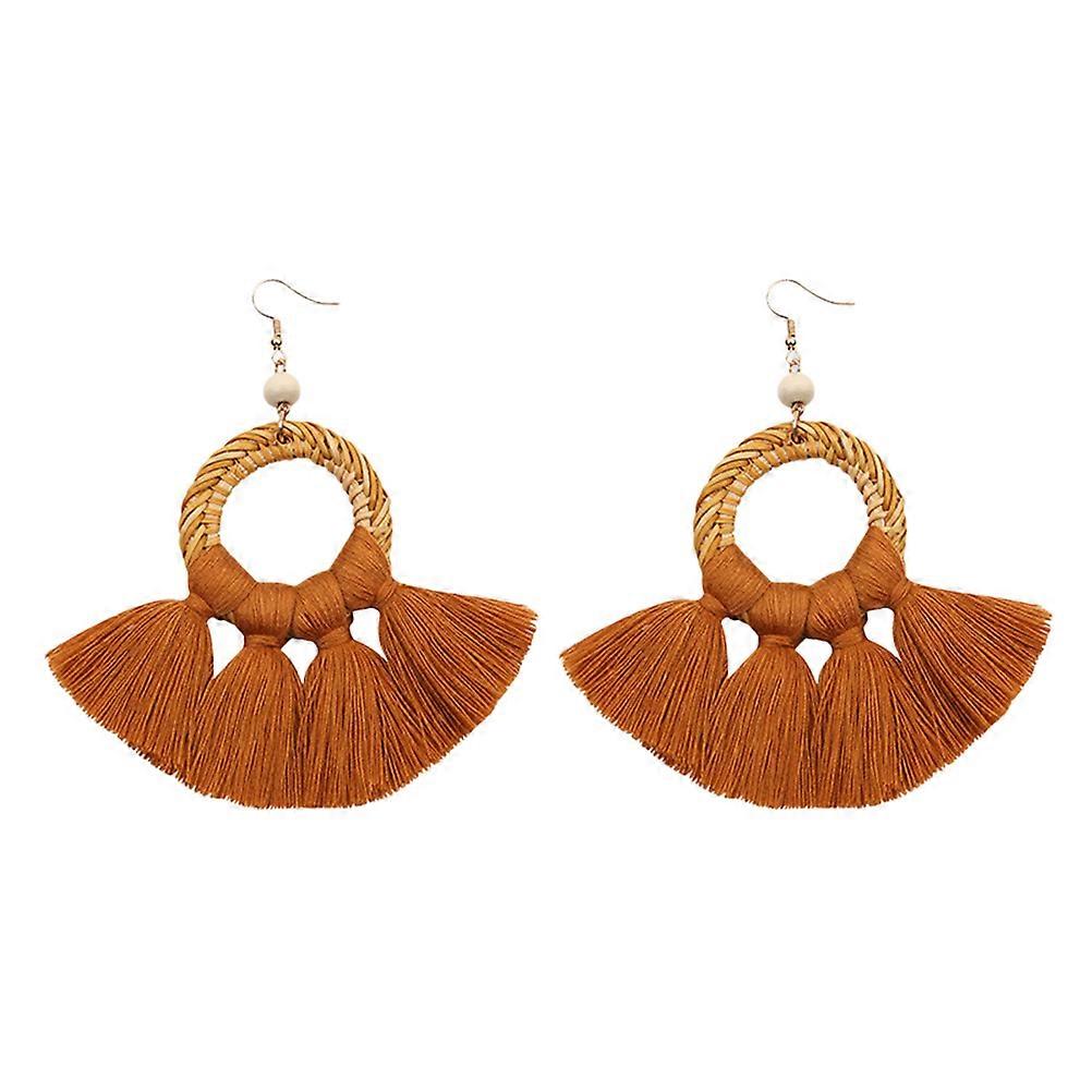 Bohemian Style Handmade Rattan and Cotton Line Earrings with Tassel Detail for Women Coffee Color