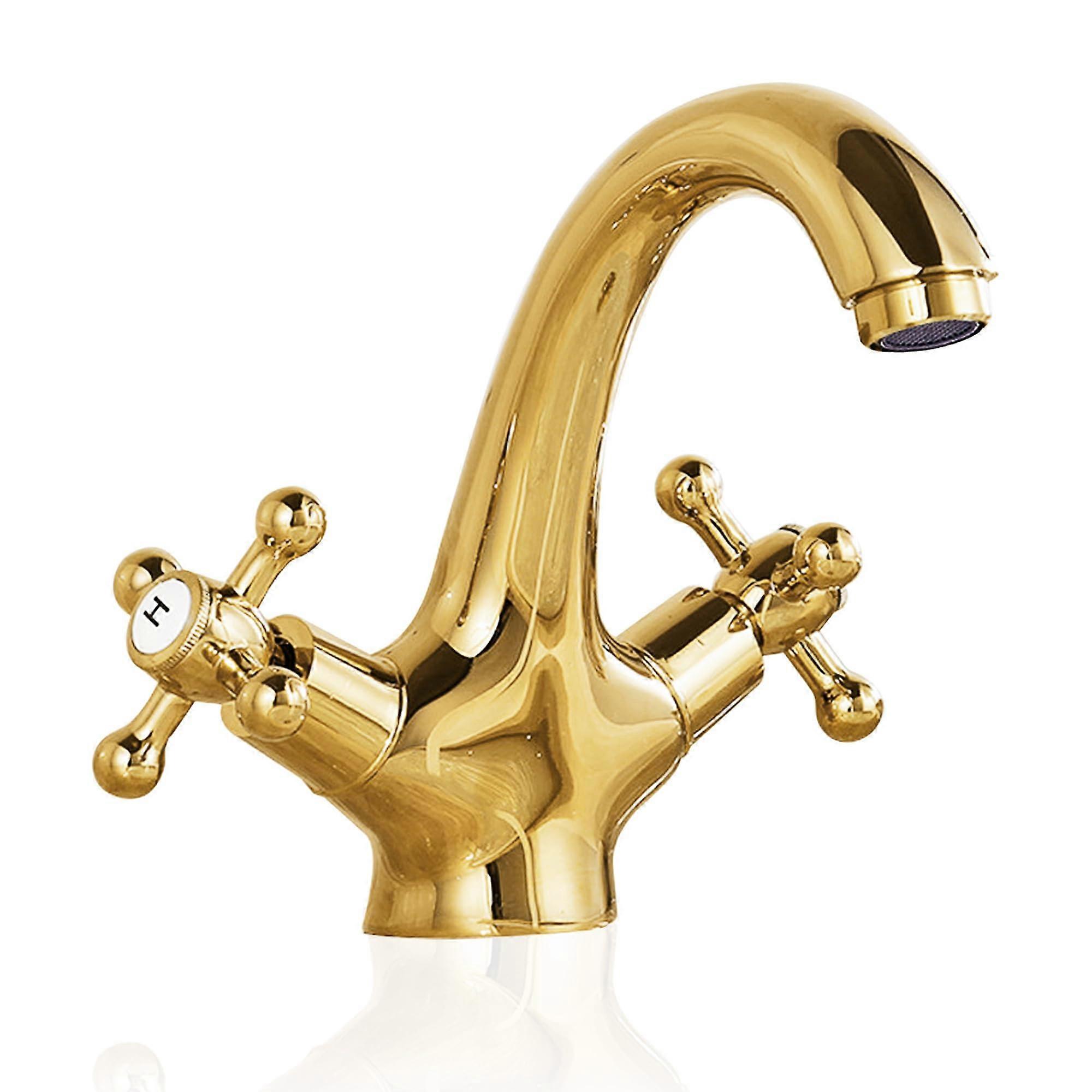 Retro Hot and Cold Mixer Tap Brass, Two-Handle Faucet for Sink, Golden Colour, Antique Style, Water-Saving
