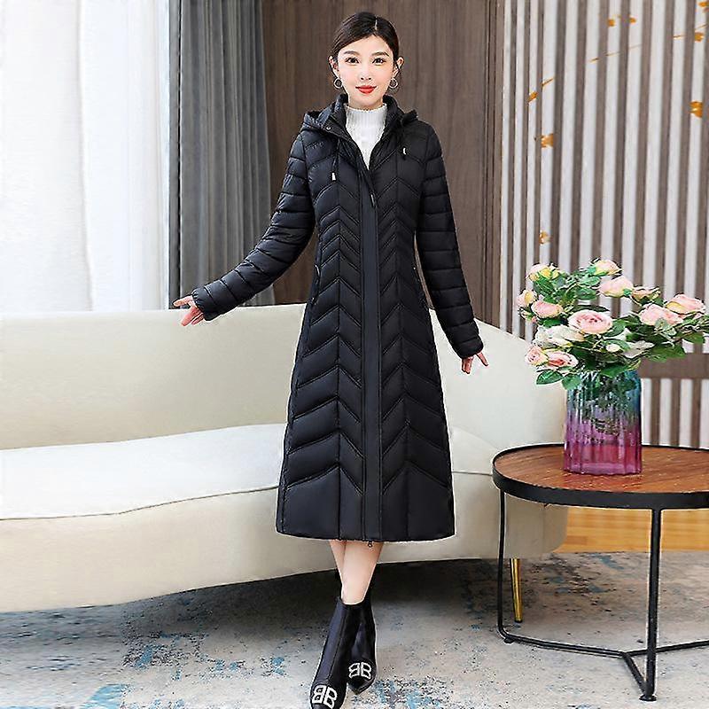 Winter Women's Casual Long Knee-length Waisted Solid Color Hooded Down Jacket