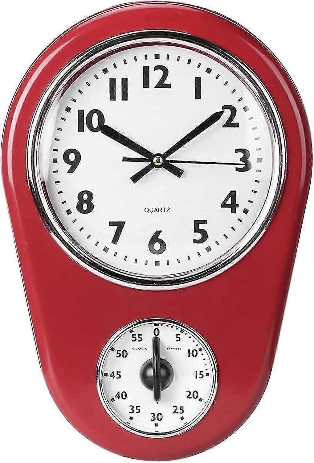 Retro Kitchen Timer Wall Clock, Red Vintage Silent Home Timer