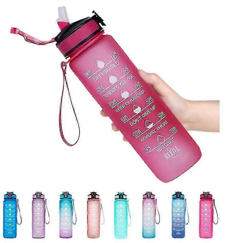 1000ml带时间标记的水瓶，防漏，带吸管和过滤器，不含Tritan Bpa