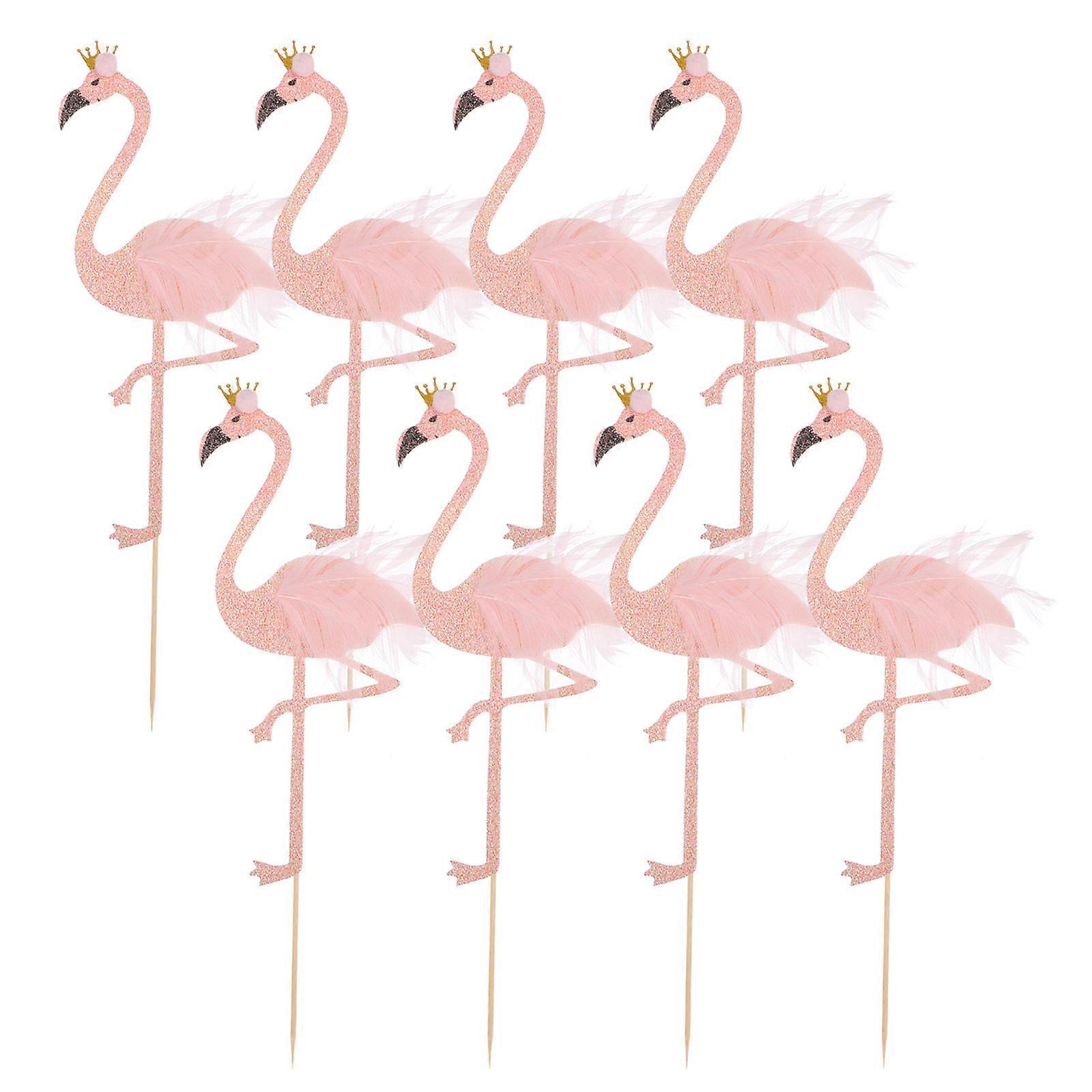Glitter Flamingo Cake Inserting Cards for Decoration 8Pcs Pink Toppers
