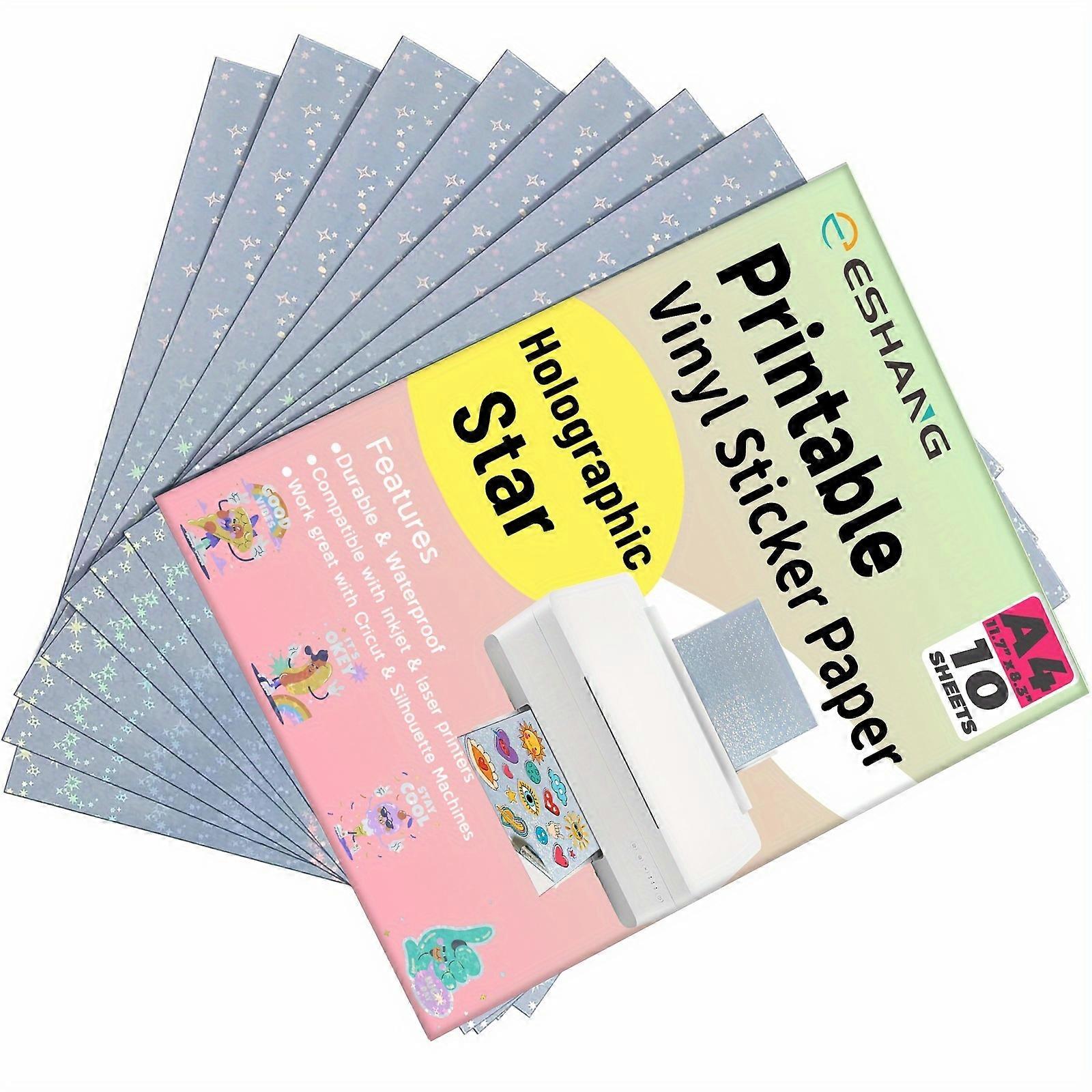 10 Sheets A4 Size Star Holographic Printable Sticker Paper for Ink jet Printer 8.3 x 11.7 In Adhesive Waterproof Glitter Vinyl Sticker Printable Paper