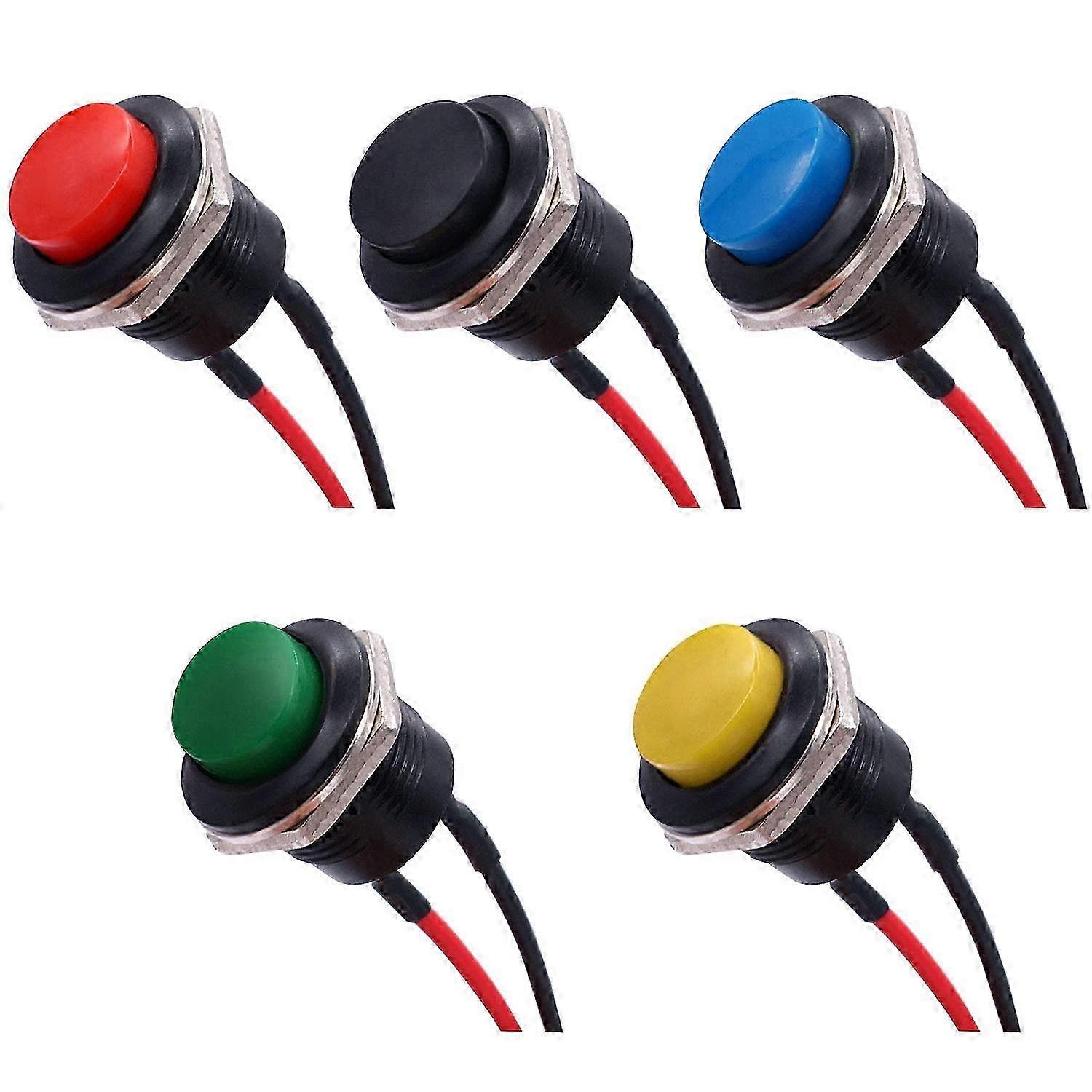 5pcs 16mm Momentary Push Button Switch SPST AC250V/3A AC125V/6A ON Off 2 Pin Mini Self-Reset Round Plastic Switch with Pre-soldered Wires R13-507-5-X