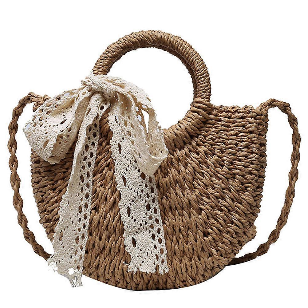 Woven Straw Shoulder Bag Summer Travel Camping Bamboo Material Rectangular Style 1Pack