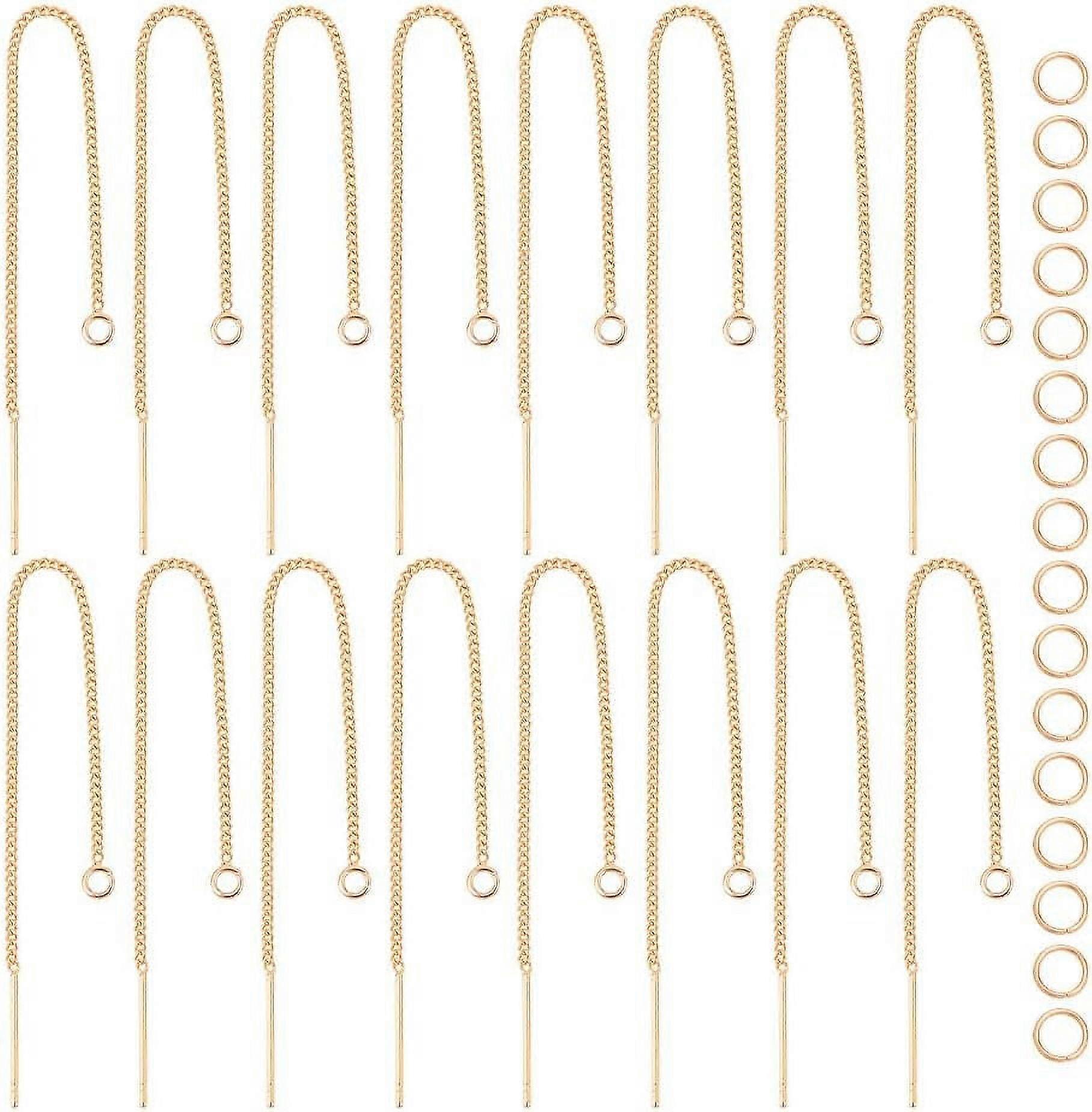 16Pcs Real 18K Gold Plated Brass Ear Threads with 16 Pcs Open Jump Rings Drop Dangling Threaded Long Chain Ear Thread Findings