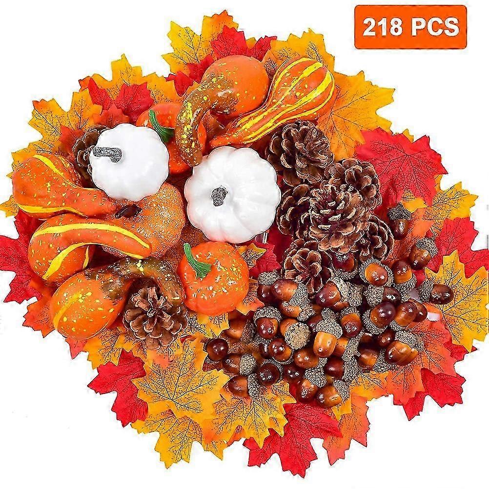 218 Pcs Assorted Small Artificial Pumpkins and Gourds with Acorns Pinecones Maple Leaves Sunflowers Fall Harvest Decoration Set for Thanksgiving Hallo