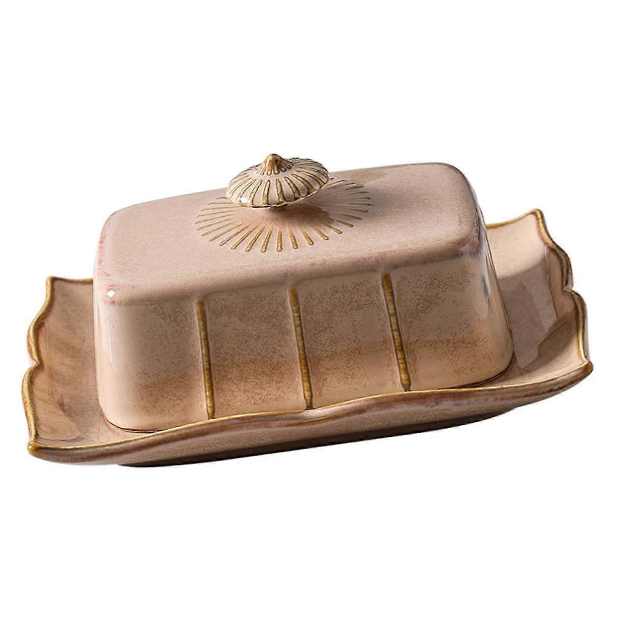 Ceramic Butter Dish with Lid Keeps Butter Fresh Elegant European Style Khaki for Kitchen