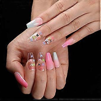 Coffin Butterfly Press On Nails Set with Gradient Design and Adhesive, Reusable 24Pcs Kit